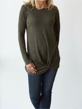 Olive Twist-Hem Long Sleeve Top